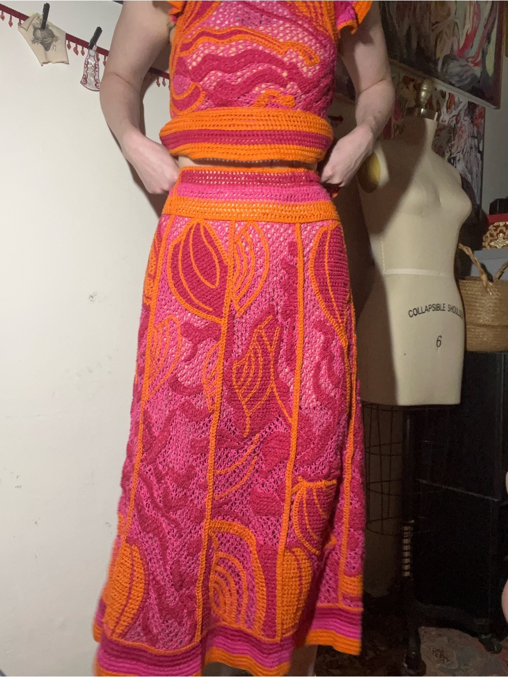 Farm Rio Pink And Orange Seashell Ruffled Crochet Top - Picture 4 of 7